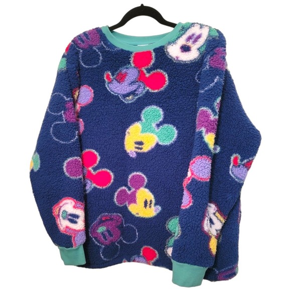Disney Sweaters - Disney Parks Women's Large Multicolor Mickey Head Faces Sherpa Fleece Pullover